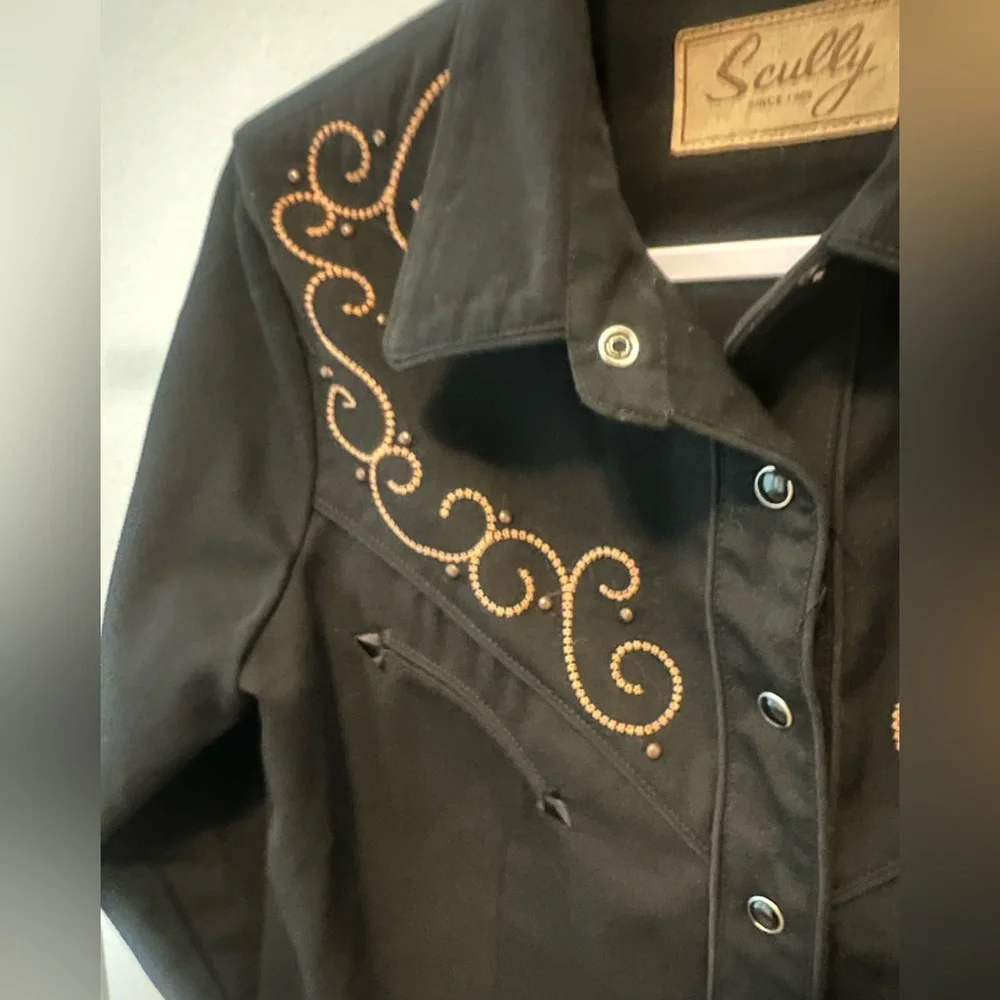 SOLD Scully embroidered pearl snap western long sleeve black womens shirt Small - Picture 5 of 14
